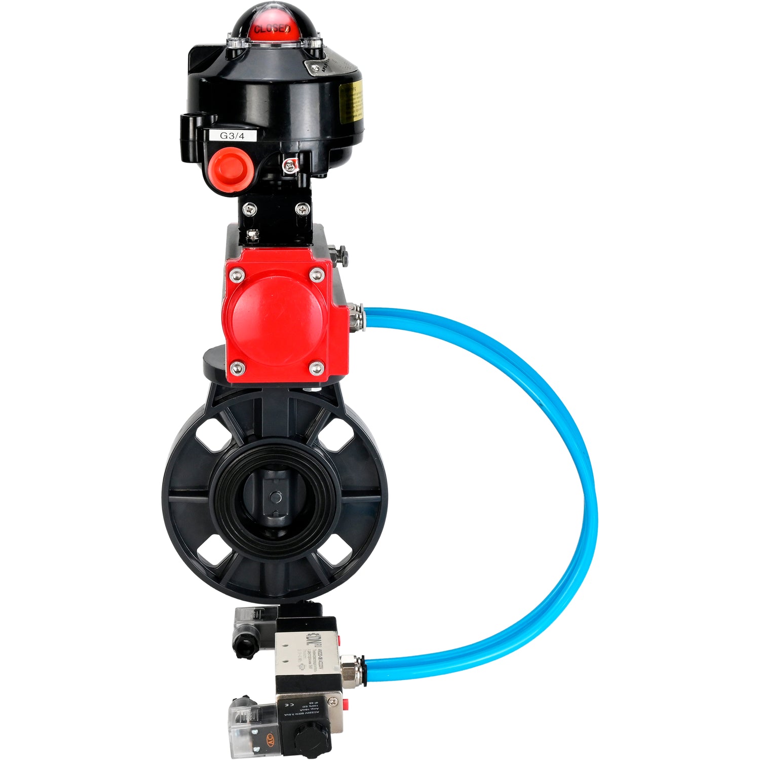 Butterfly valves Elephant WBV4242E-2W-Fb-ISO, body material - UPVC, disc material - UPVC, seal - EPDM, with pneumatic actuator double action PA-DA, pneumatic distributor 4V320-08 220V and LSU APL-510N EX