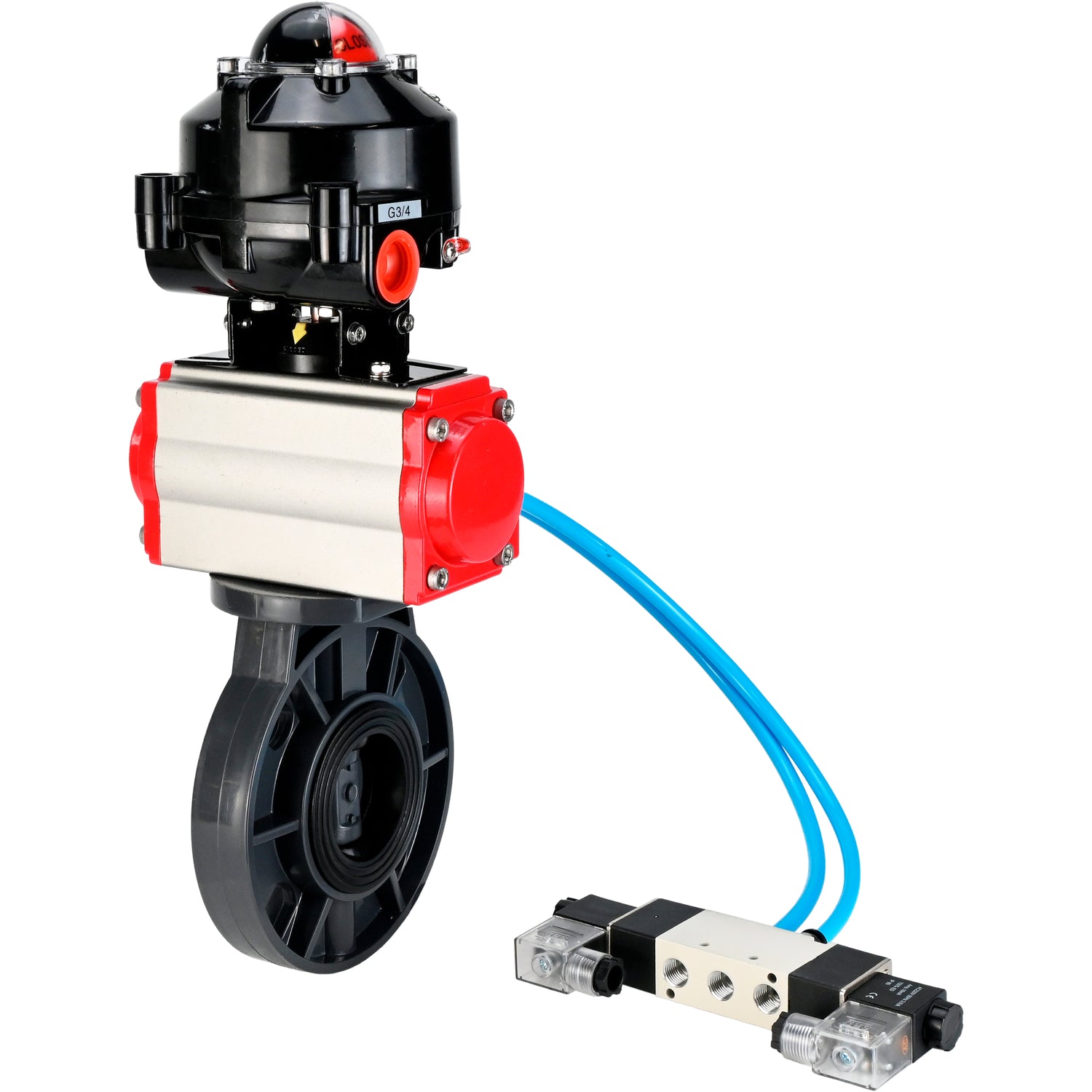 Butterfly valves Elephant WBV4242E-2W-Fb-ISO, body material - UPVC, disc material - UPVC, seal - EPDM, with pneumatic actuator double action PA-DA, pneumatic distributor 4V320-08 220V and LSU APL-510N EX