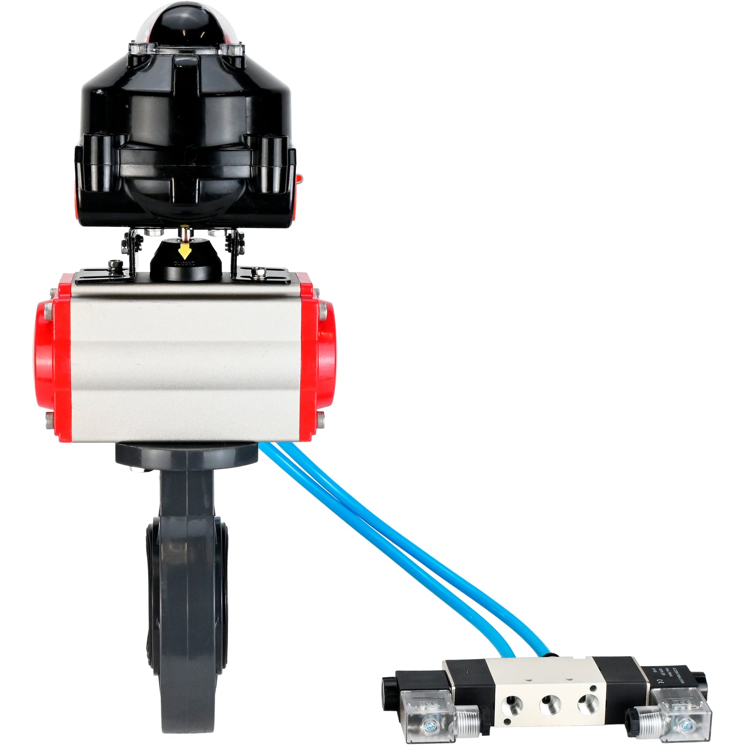 Butterfly valves Elephant WBV4242E-2W-Fb-ISO, body material - UPVC, disc material - UPVC, seal - EPDM, with pneumatic actuator double action PA-DA, pneumatic distributor 4V320-08 220V and LSU APL-510N EX