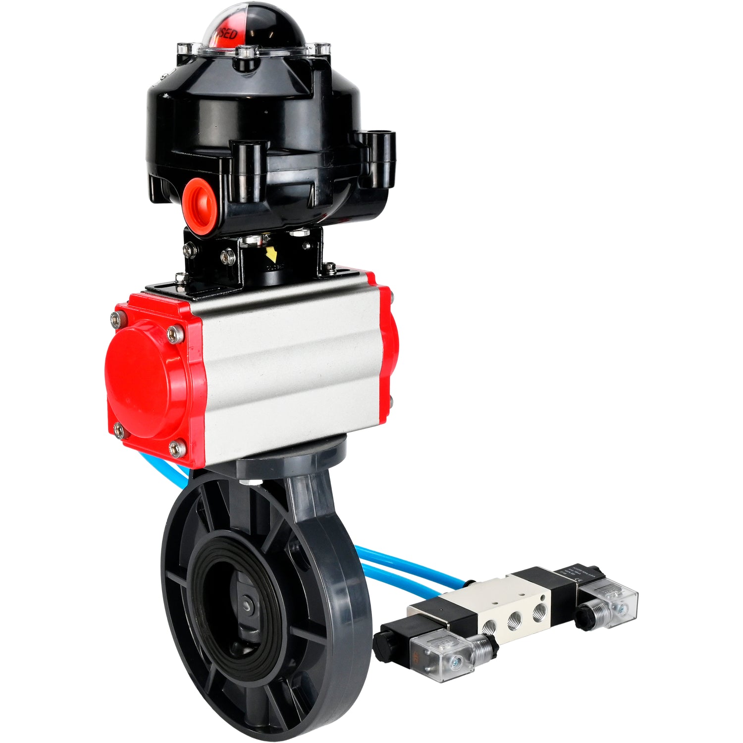 Butterfly valves Elephant WBV4242E-2W-Fb-ISO, body material - UPVC, disc material - UPVC, seal - EPDM, with pneumatic actuator double action PA-DA, pneumatic distributor 4V320-08 220V and LSU APL-510N EX