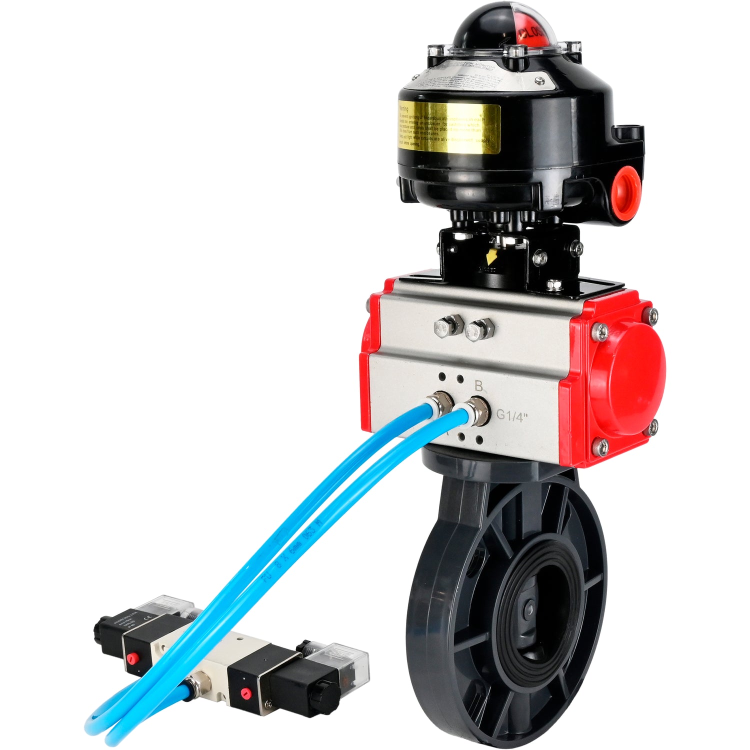 Butterfly valves Elephant WBV4242E-2W-Fb-ISO, body material - UPVC, disc material - UPVC, seal - EPDM, with pneumatic actuator double action PA-DA, pneumatic distributor 4V320-08 220V and LSU APL-510N EX