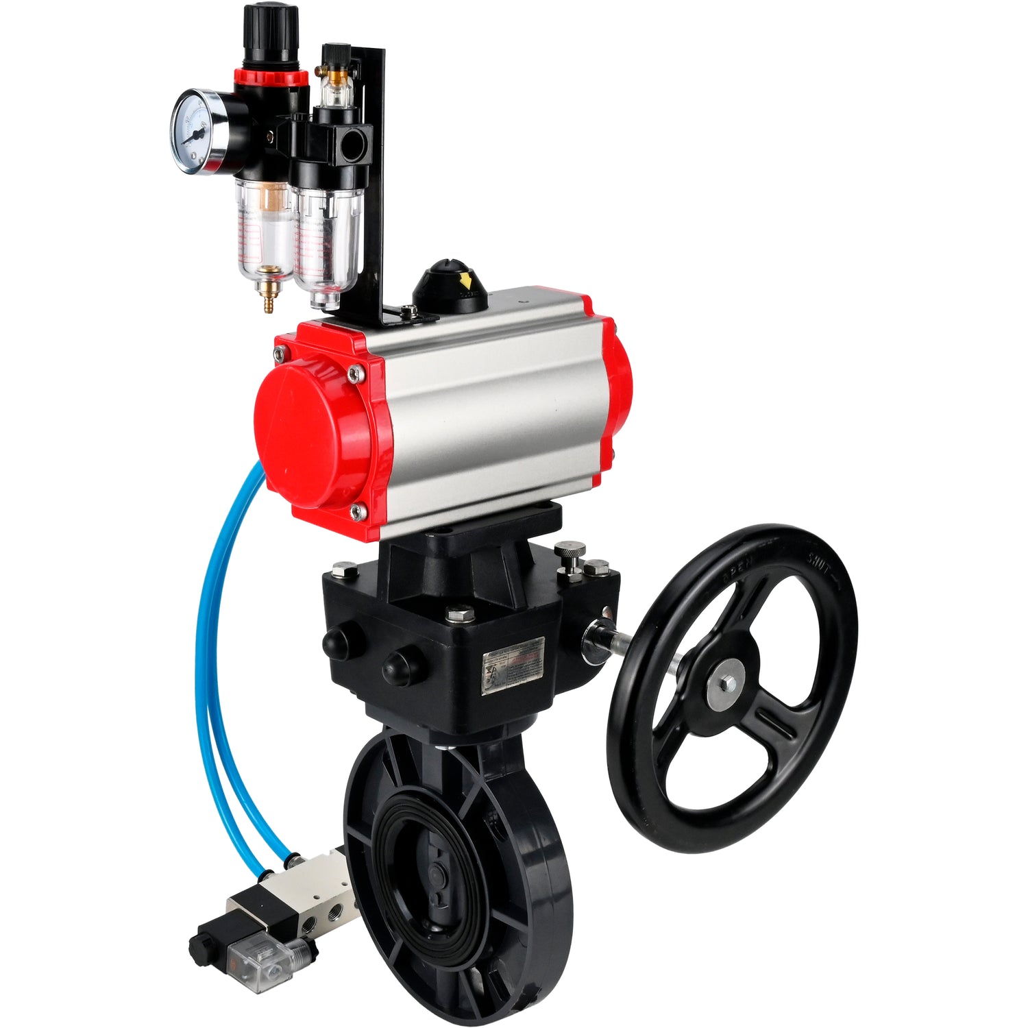 Butterfly valves Elephant WBV4242E-2W-Fb-ISO, body material - UPVC, disc material - UPVC, seal - EPDM, with pneumatic actuator double action PA-DA, pneumatic distributor 4V320-10 220V, ATU AFC2000 and handwheel MON