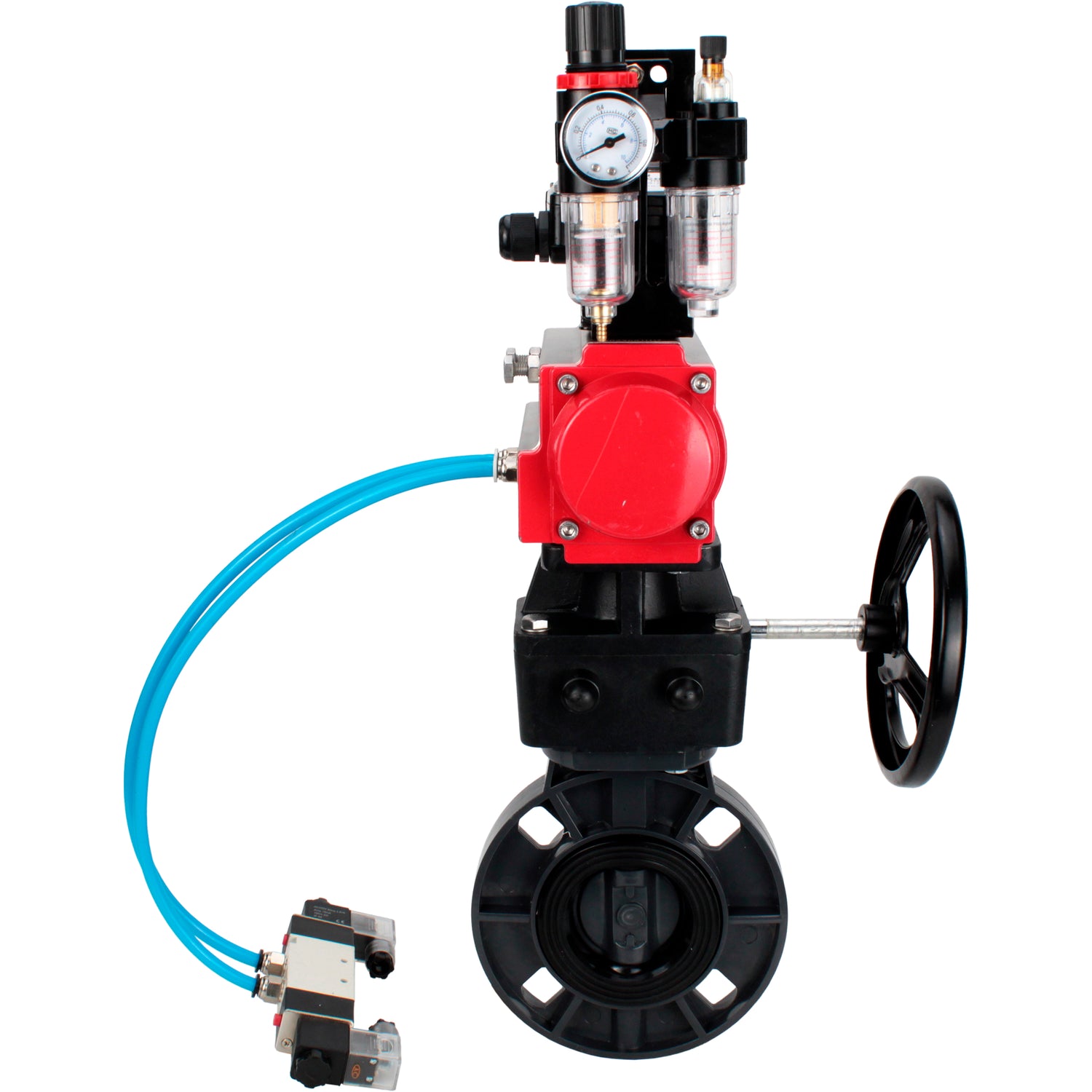 Butterfly valves Elephant WBV4242E-2W-Fb-ISO, body material - UPVC, disc material - UPVC, seal - EPDM, with pneumatic actuator double action PA-DA, pneumatic distributor 4V320-08 220V, LSU APL-210N, ATU AFC2000 and handwheel MON