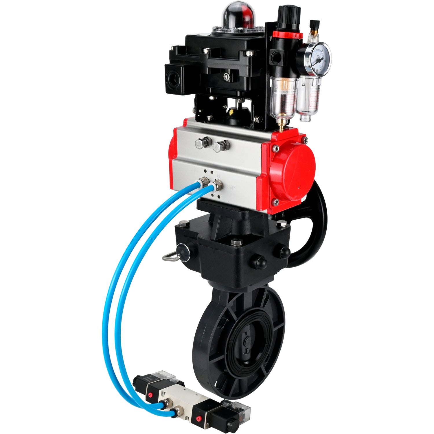 Butterfly valves Elephant WBV4242E-2W-Fb-ISO, body material - UPVC, disc material - UPVC, seal - EPDM, with pneumatic actuator double action PA-DA, pneumatic distributor 4V320-10 220V, LSU APL-410N EX, ATU AFC2000 and handwheel MON