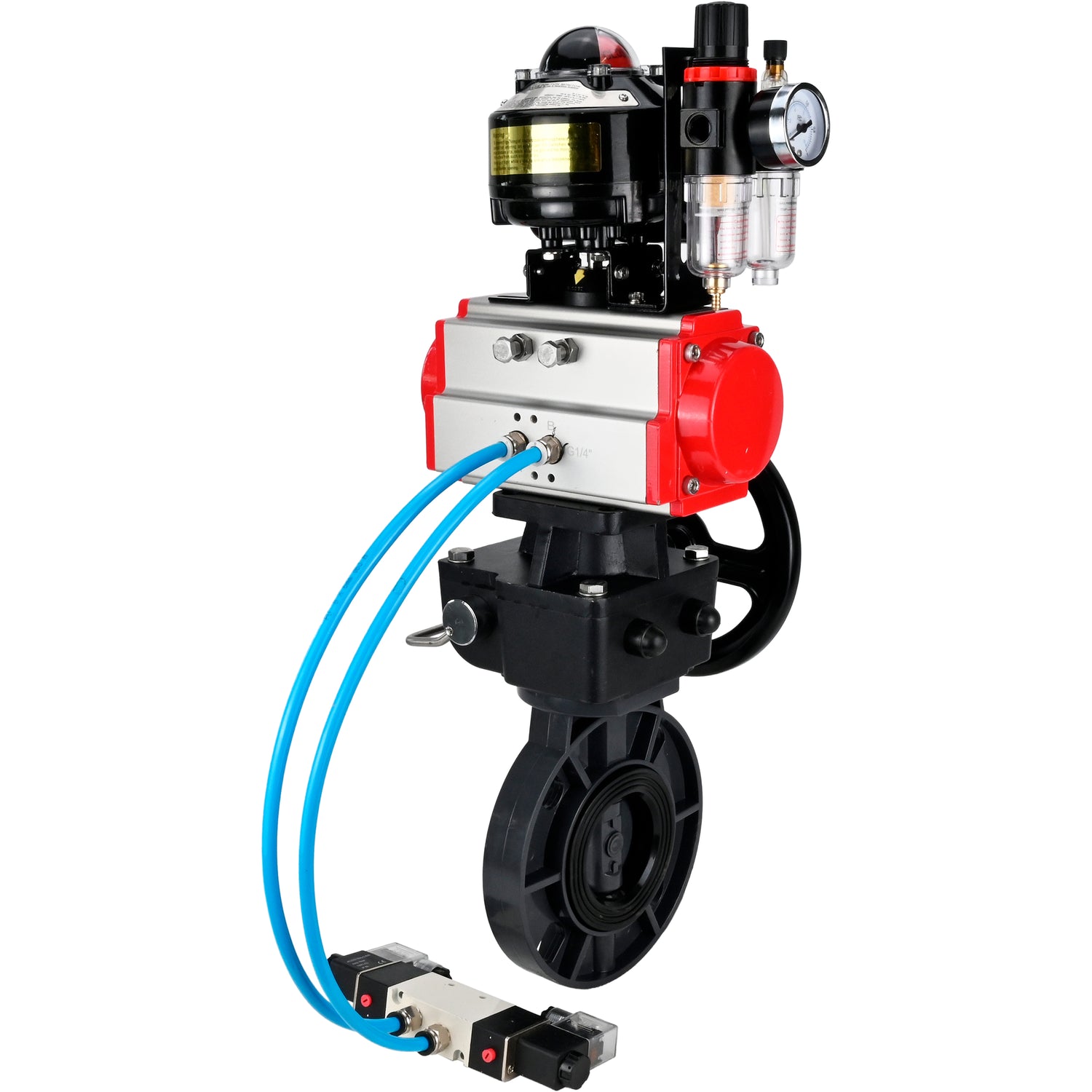 Butterfly valves Elephant WBV4242E-2W-Fb-ISO, body material - UPVC, disc material - UPVC, seal - EPDM, with pneumatic actuator double action PA-DA, pneumatic distributor 4V320-10 220V, LSU APL-510N EX, ATU AFC2000 and handwheel MON