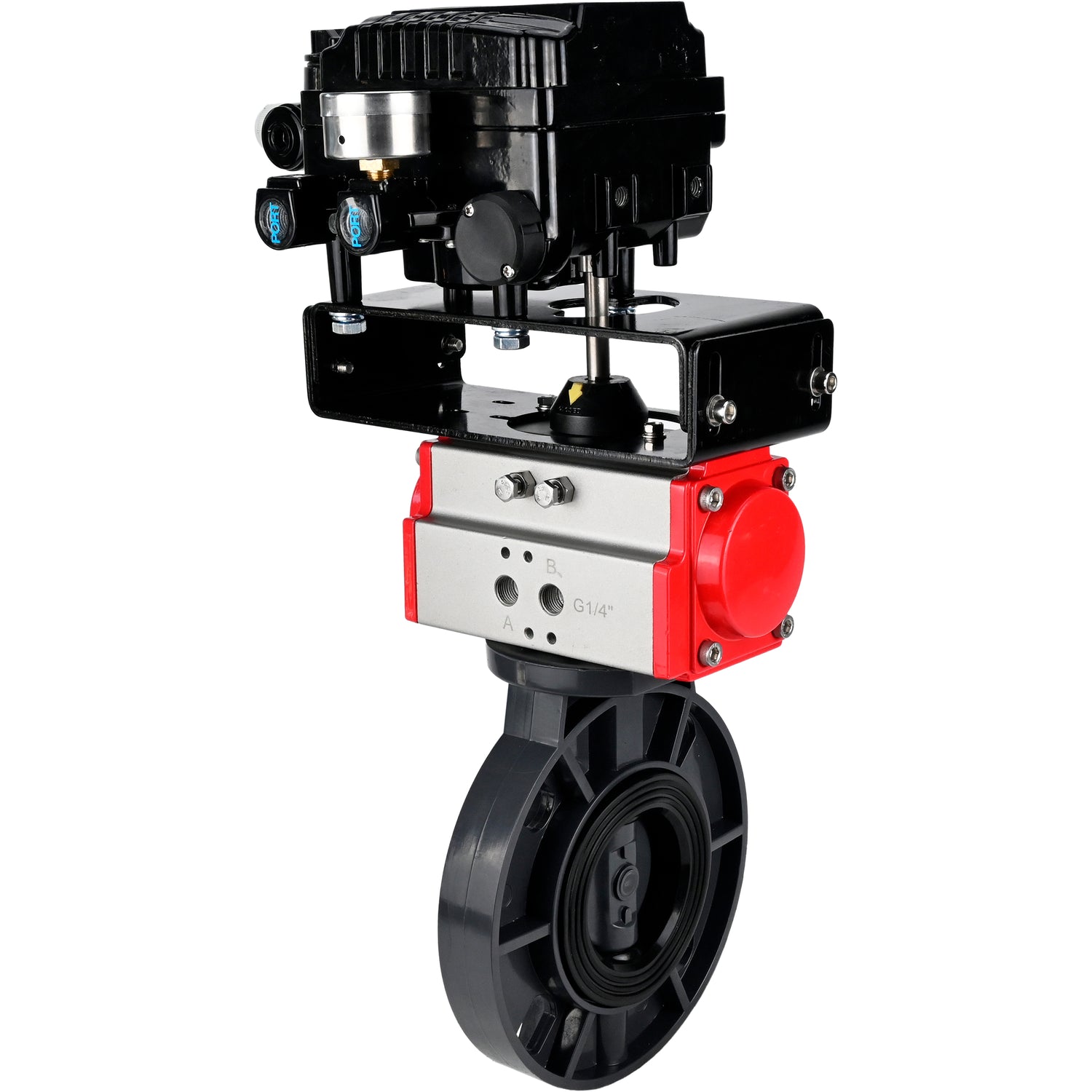 Butterfly valves Elephant WBV4242E-2W-Fb-ISO, body material - UPVC, disc material - UPVC, seal - EPDM, with pneumatic actuator with return springs PA-SA and electro-pneumatic rotary positioner YT-1000RSN with feedback