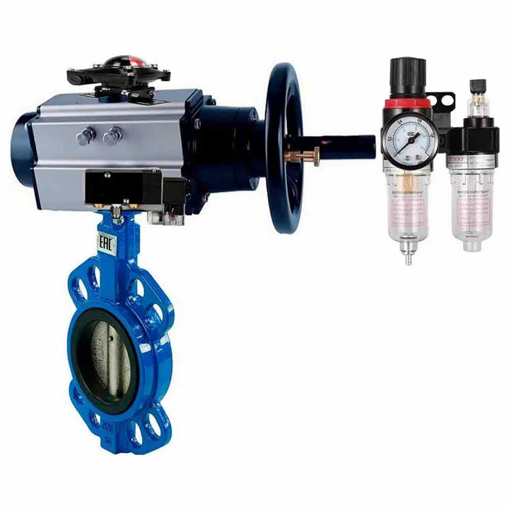 Water Butterfly Valve Elephant WBV1132N-2W-Fb body material - Cast iron GG25/EN-GJL-250, disk material - Stainless steel AISI 316L/1.4404, seal - NBR with pneumatic actuator double acting PA-DA-105-1, pneumatic distributor 4M310-08 NAMUR , limit switch