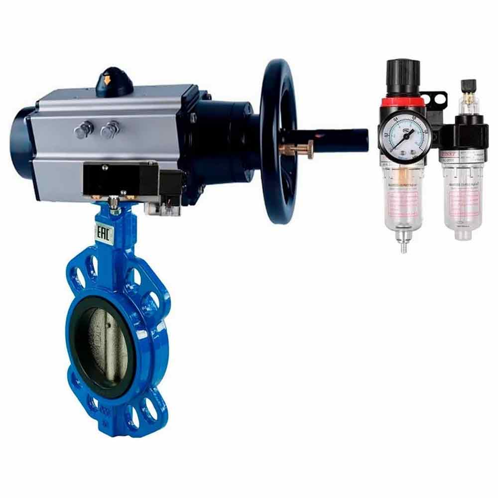 Water Butterfly Valve Elephant WBV1132N-2W-Fb body material - Cast iron GG25/EN-GJL-250, disk material - Stainless steel AISI 316L/1.4404, seal - NBR with pneumatic actuator double acting PA-DA-105-1, pneumatic distributor 4V320-10 220V, water separator