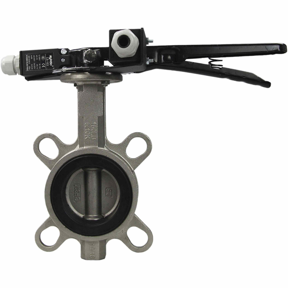 Water butterfly valve Elephant 316L-316L-VITON body material - stainless steel AISI 316L, disk material - stainless steel AISI 316L, seal - Viton with handle, with two LS-103 250V limit switches and a bracket for mounting the limit switches