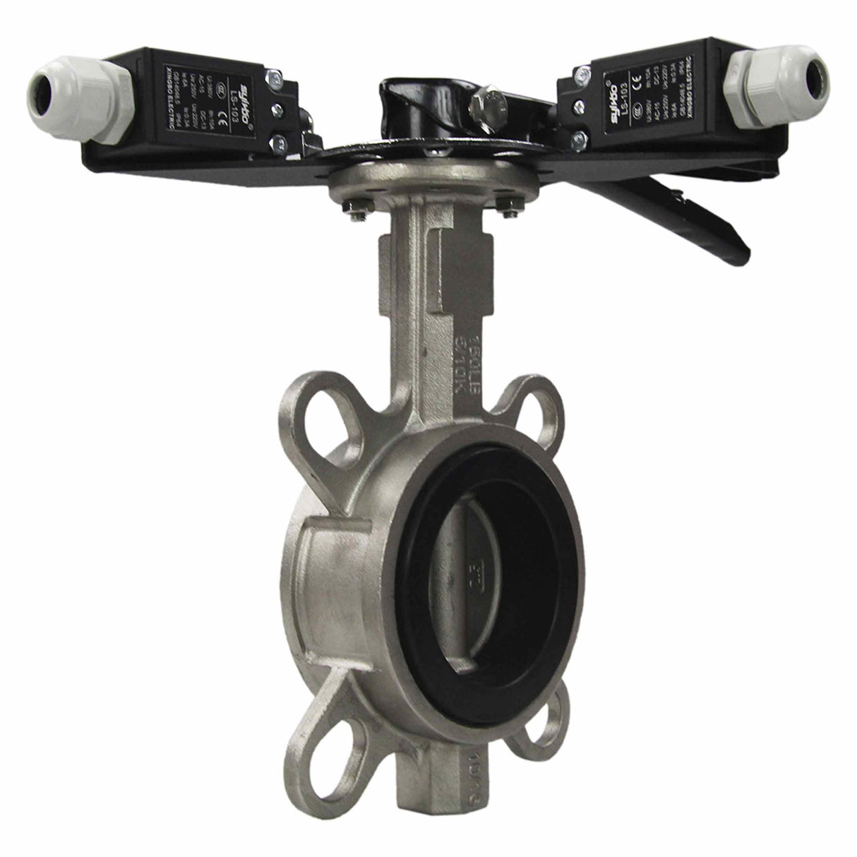 Water butterfly valve Elephant 316L-316L-VITON body material - stainless steel AISI 316L, disk material - stainless steel AISI 316L, seal - Viton with handle, with two LS-103 250V limit switches and a bracket for mounting the limit switches