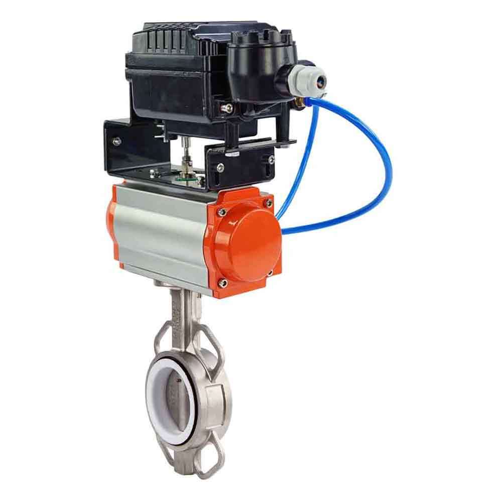 Vanne papillon d'eau Elephant 316l-ptfe-elephant-da-yt1000rsi, matériau du corps - acier inoxydable AISI 316L, matériau du disque - acier inoxydable AISI 316L, joint - PTFE, actionné par actionneur pneumatique