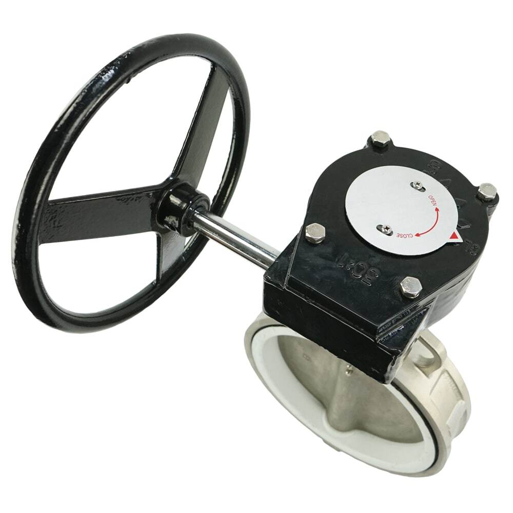 Vanne papillon d'eau Elephant 316L-PTFE-RDN, matériau du corps - acier inoxydable AISI 316L, matériau du disque - acier inoxydable AISI 316L, joint - PTFE, à engrenage