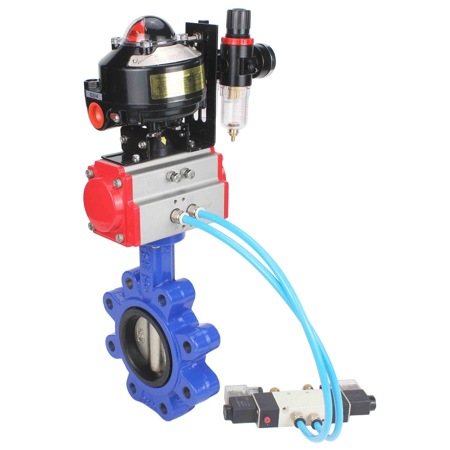 Vanne papillon d'eau Elephant WBV1616E-2W-Fb-H, matériau du corps - fonte QT450, matériau du disque - fonte QT450, joint - EPDM, actionneur pneumatique PA-DA double action, 4V320-08 220V, BKV APL-510N EX, BPV AFC2000