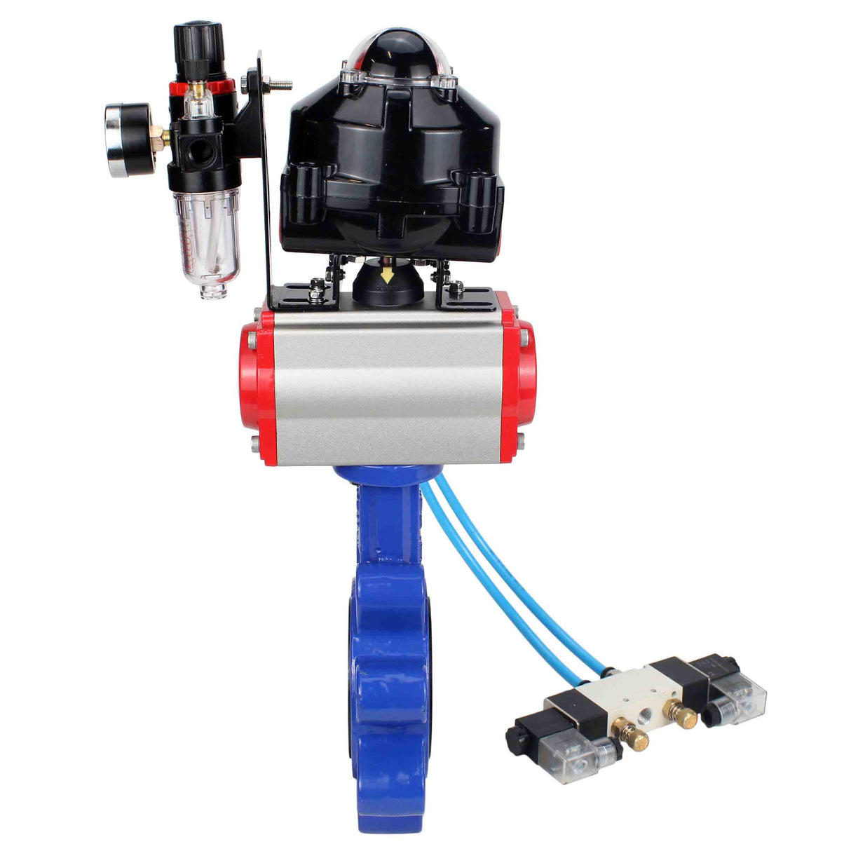 Vanne papillon d'eau Elephant WBV1616N-2W-Fb-H, matériau du corps - fonte QT450, matériau du disque - fonte QT450, joint - NBR, actionneur pneumatique PA-SA avec ressorts de rappel, 4V320-08 220V, BKV APL-510N EX, BPV AFC2000