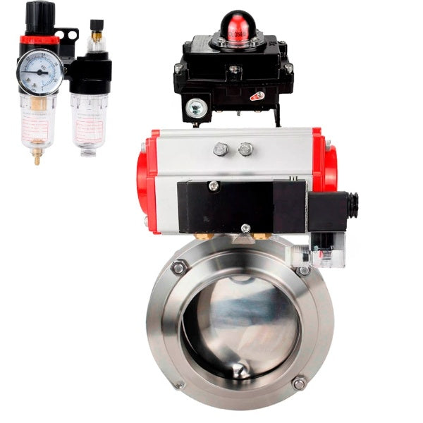 Water Butterfly valves Elephant WBV3131S-2W-W-H, body material - stainless steel AISI 304, seal - Silicon, with pneumatic actuator PA-DA, pneumatic distributor 4M310-08 24V, LSU APL-410N EX, ATU AFC2000