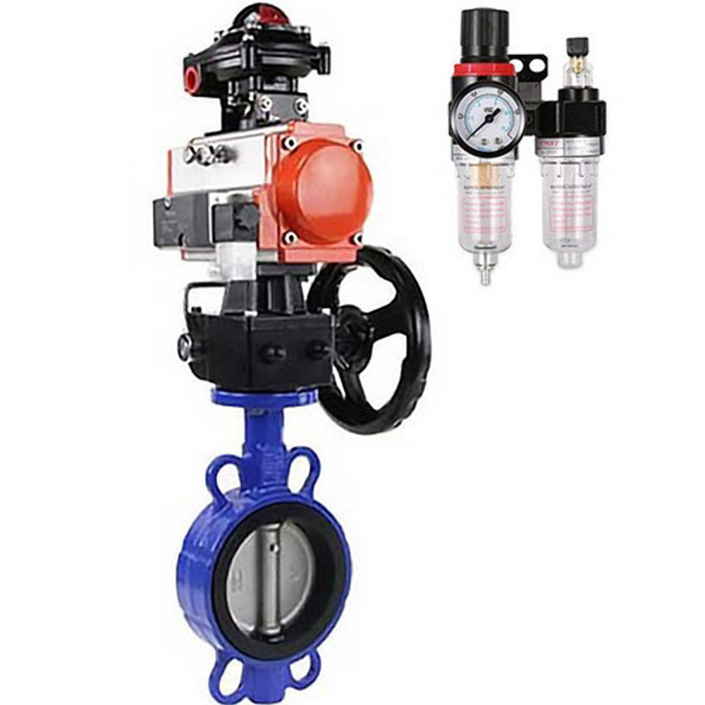 Vanne papillon d'eau Elephant WBV1631N-2W-Fb-H, matériau du corps - fonte QT450, matériau du disque - acier inoxydable AISI 304, joint - NBR, actionneur pneumatique PA-DA double action, 4V320-10 220V, BKV APL-510N EX, volant MON, BPV AFC2000