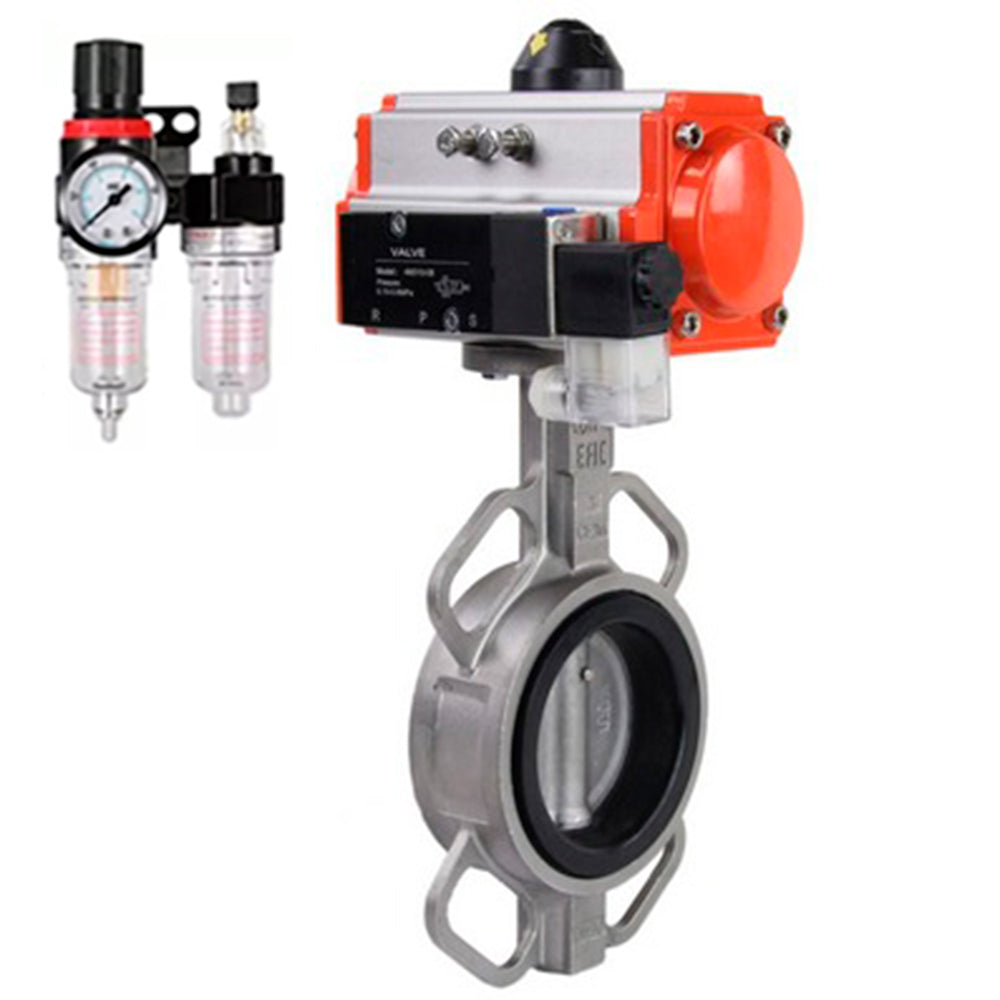 Vanne papillon d'eau Elephant WBV3131N-2W-Fb-H, matériau du corps - Acier inoxydable AISI 304, matériau du disque - Acier inoxydable AISI 304, joint - NBR, actionneur pneumatique PA-DA double action, 4V320-08 220V BPV AFC2000