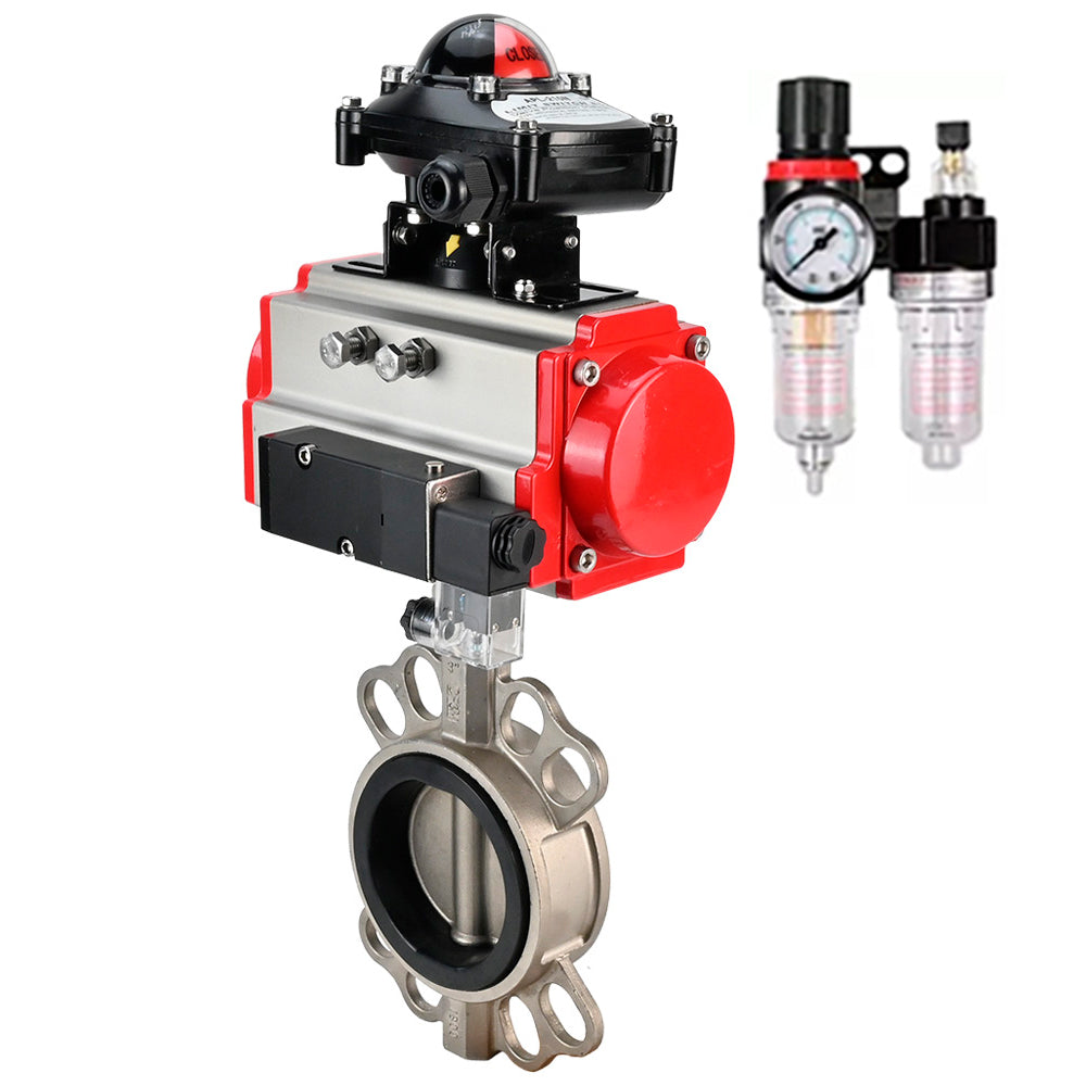 Vanne papillon d'eau Elephant WBV3131N-2W-Fb-H, matériau du corps - Acier inoxydable AISI 304, matériau du disque - Acier inoxydable AISI 304, joint - NBR, actionneur pneumatique PA-DA double action, 4V320-08 220V, BKV APL-510N EX, BPV AFC2000
