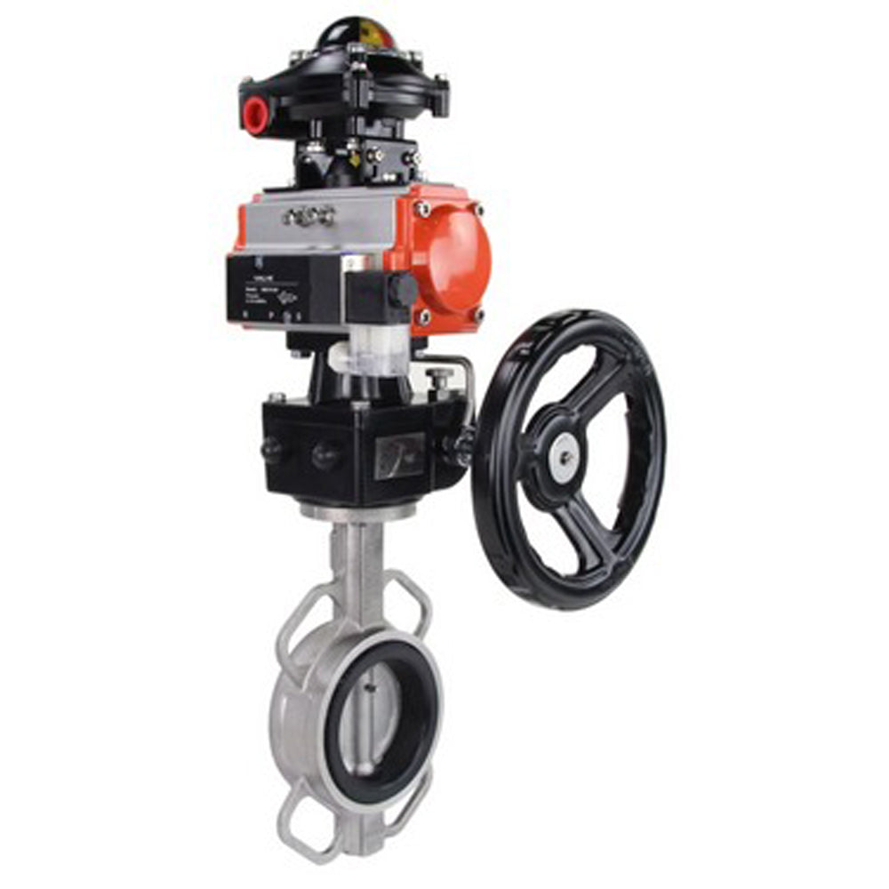 Vanne papillon d'eau Elephant WBV3131N-2W-Fb-H, matériau du corps - Acier inoxydable AISI 304, matériau du disque - Acier inoxydable AISI 304, joint - NBR, actionneur pneumatique PA-DA double action, 4V320-08 220V, BKV APL-410N EX, volant MON