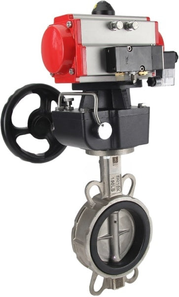 Vanne papillon d'eau Elephant WBV3131N-2W-Fb-H, matériau du corps - Acier inoxydable AISI 304, matériau du disque - Acier inoxydable AISI 304, joint - NBR, actionneur pneumatique PA-DA double action, volant manuel 4M310-08 24V MON