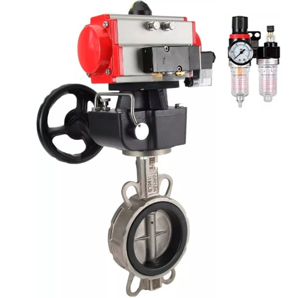 Vanne papillon d'eau Elephant WBV3131N-2W-Fb-H, matériau du corps - Acier inoxydable AISI 304, matériau du disque - Acier inoxydable AISI 304, joint - NBR, actionneur pneumatique PA-DA double action, volant manuel 4M310-08 24V MON, BPV AFC2000