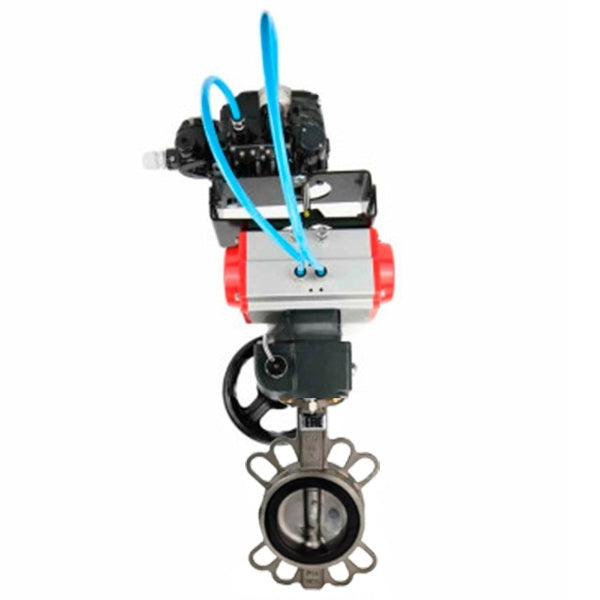 Vanne papillon d'eau Elephant WBV3131E-2W-Fb-H, matériau du corps - Acier inoxydable AISI 304, matériau du disque - Acier inoxydable AISI 304, joint - EPDM, actionneur pneumatique PA-DA double action, positionneur YT-1000RSN avec rétroaction, volant MON