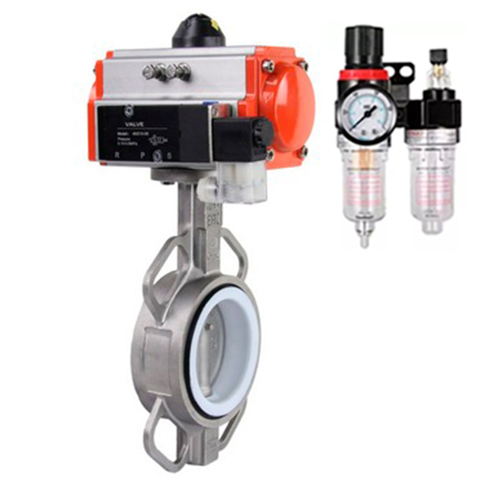 Vanne papillon d'eau Elephant WBV3131P-2W-Fb-H, matériau du corps - Acier inoxydable AISI 304, matériau du disque - Acier inoxydable AISI 304, joint - PTFE, actionneur pneumatique PA-DA double action, 4M310-08 220V BPV AFC2000
