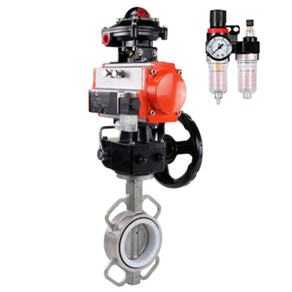 Water Butterfly Valve Elephant WBV3131P-2W-Fb-H, body material - Stainless steel AISI 304, disk material - Stainless steel AISI 304, seal - PTFE, pneumatic actuator PA-DA double action, 4V320-10 220V, LSU APL-510N EX, handwheel MON, ATU AFC2000