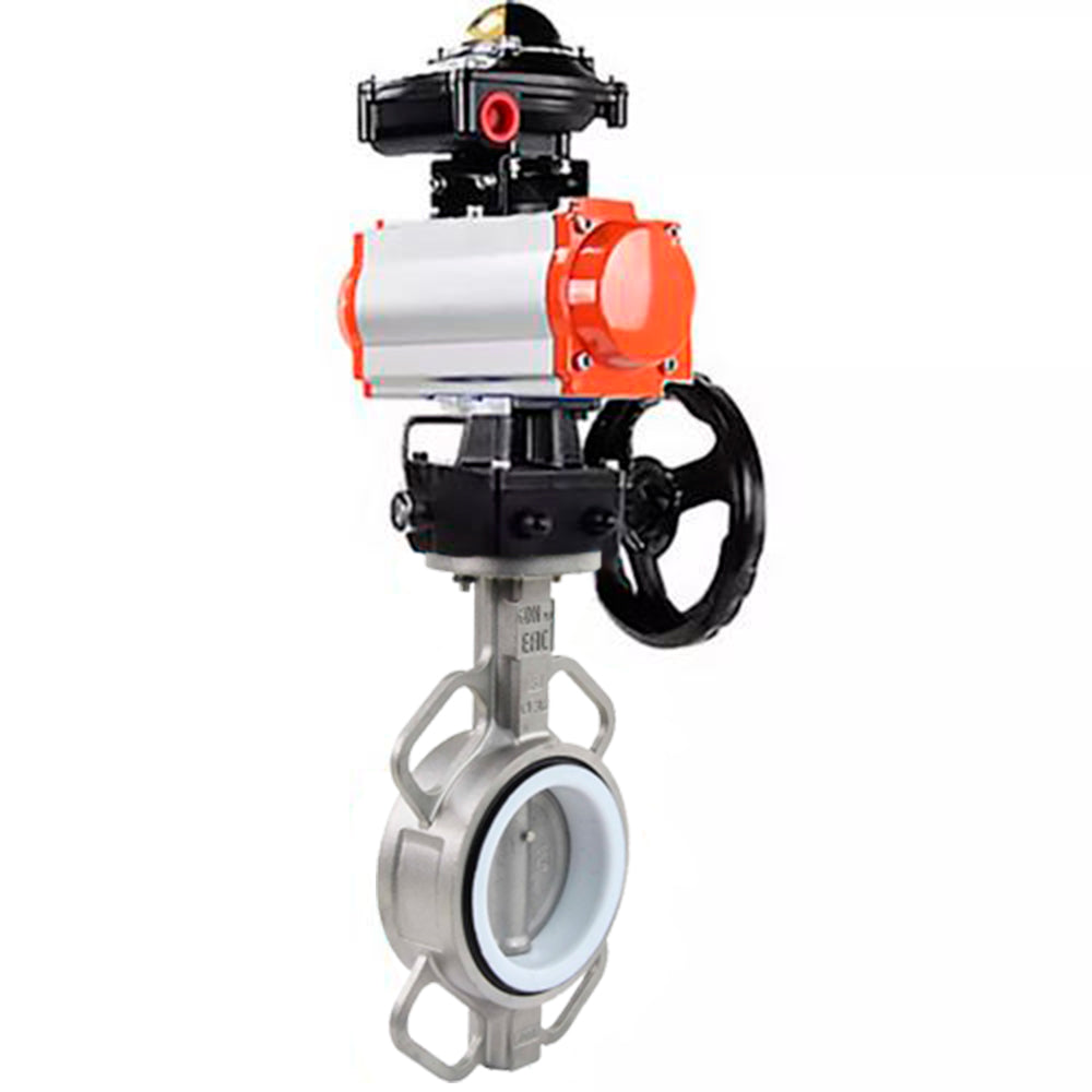 Vanne papillon d'eau Elephant WBV3131P-2W-Fb-H, matériau du corps - Acier inoxydable AISI 304, matériau du disque - Acier inoxydable AISI 304, joint - PTFE, actionneur pneumatique PA-DA double action, BKV APL-410N EX, volant MON