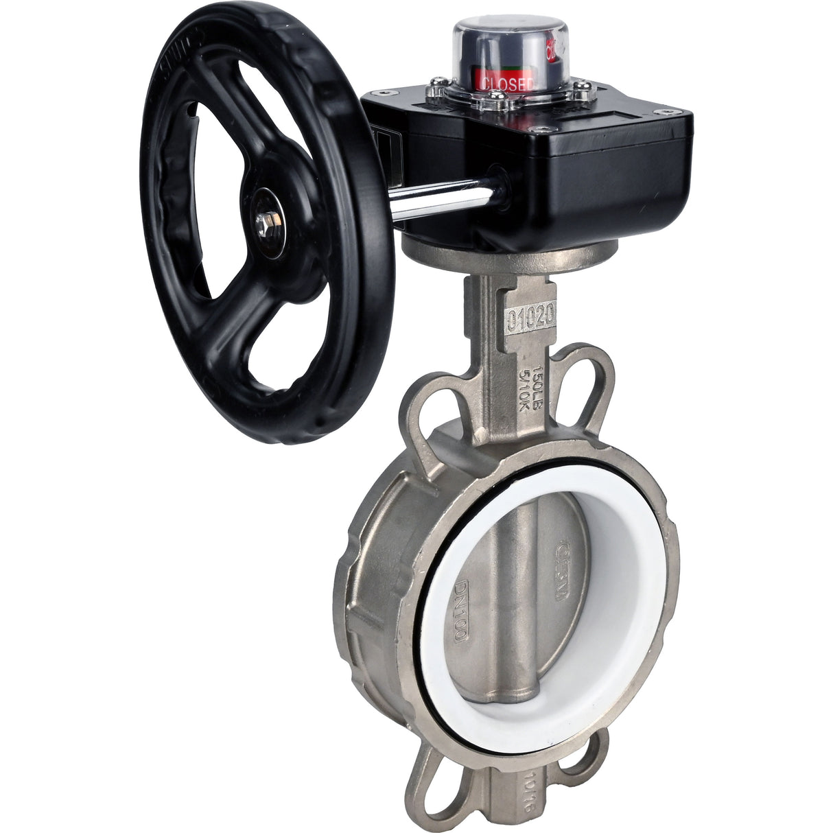 Vanne papillon d'eau Elephant 316L-PTFE-HGB, matériau du corps - acier inoxydable AISI 316L, matériau du disque - acier inoxydable AISI 316L, joint - PTFE, à engrenage
