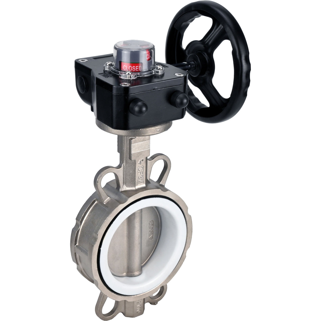 Vanne papillon d'eau Elephant 316L-PTFE-HGB, matériau du corps - acier inoxydable AISI 316L, matériau du disque - acier inoxydable AISI 316L, joint - PTFE, à engrenage