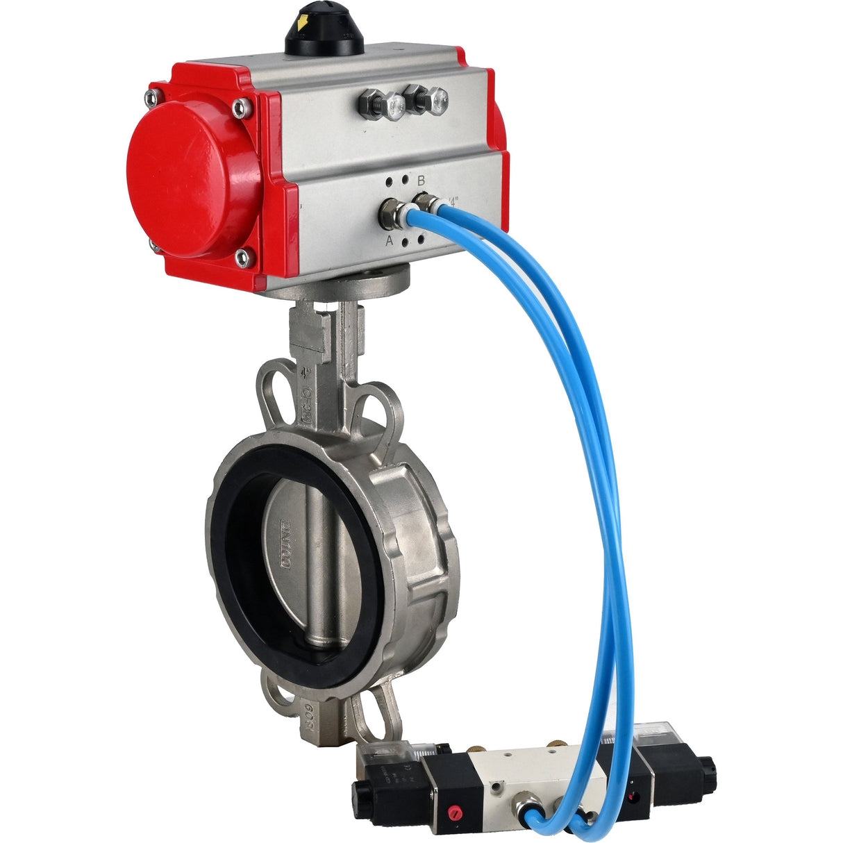 Vanne papillon d'eau Elephant WBV3232V-2W-Fb-H, matériau du corps - acier inoxydable AISI 316L, matériau du disque - acier inoxydable AISI 316L, joint - Viton, avec actionneur pneumatique avec ressorts de rappel PA-SA, 4V320-08 220V