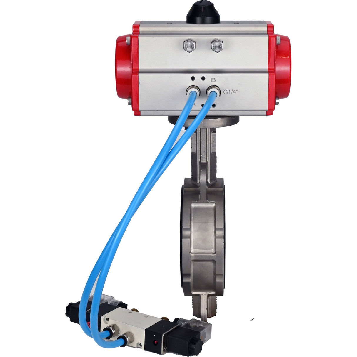 Vanne papillon d'eau Elephant WBV3232V-2W-Fb-H, matériau du corps - acier inoxydable AISI 316L, matériau du disque - acier inoxydable AISI 316L, joint - Viton, avec actionneur pneumatique avec ressorts de rappel PA-SA, 4V320-08 220V