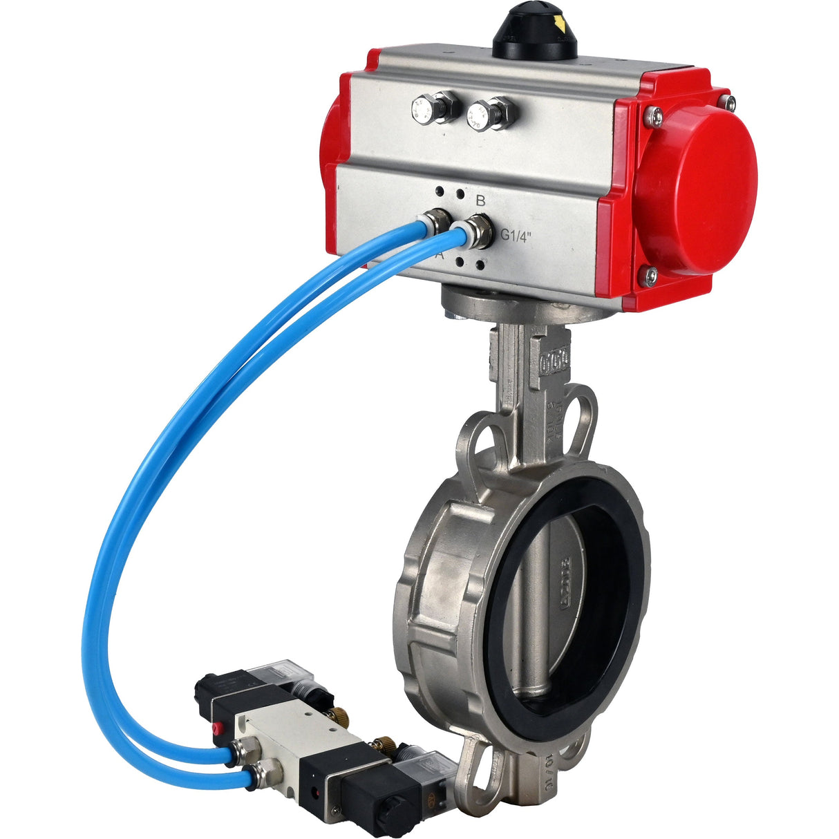 Vanne papillon d'eau Elephant WBV3232V-2W-Fb-H, matériau du corps - acier inoxydable AISI 316L, matériau du disque - acier inoxydable AISI 316L, joint - Viton, avec actionneur pneumatique avec ressorts de rappel PA-SA, 4V320-08 220V