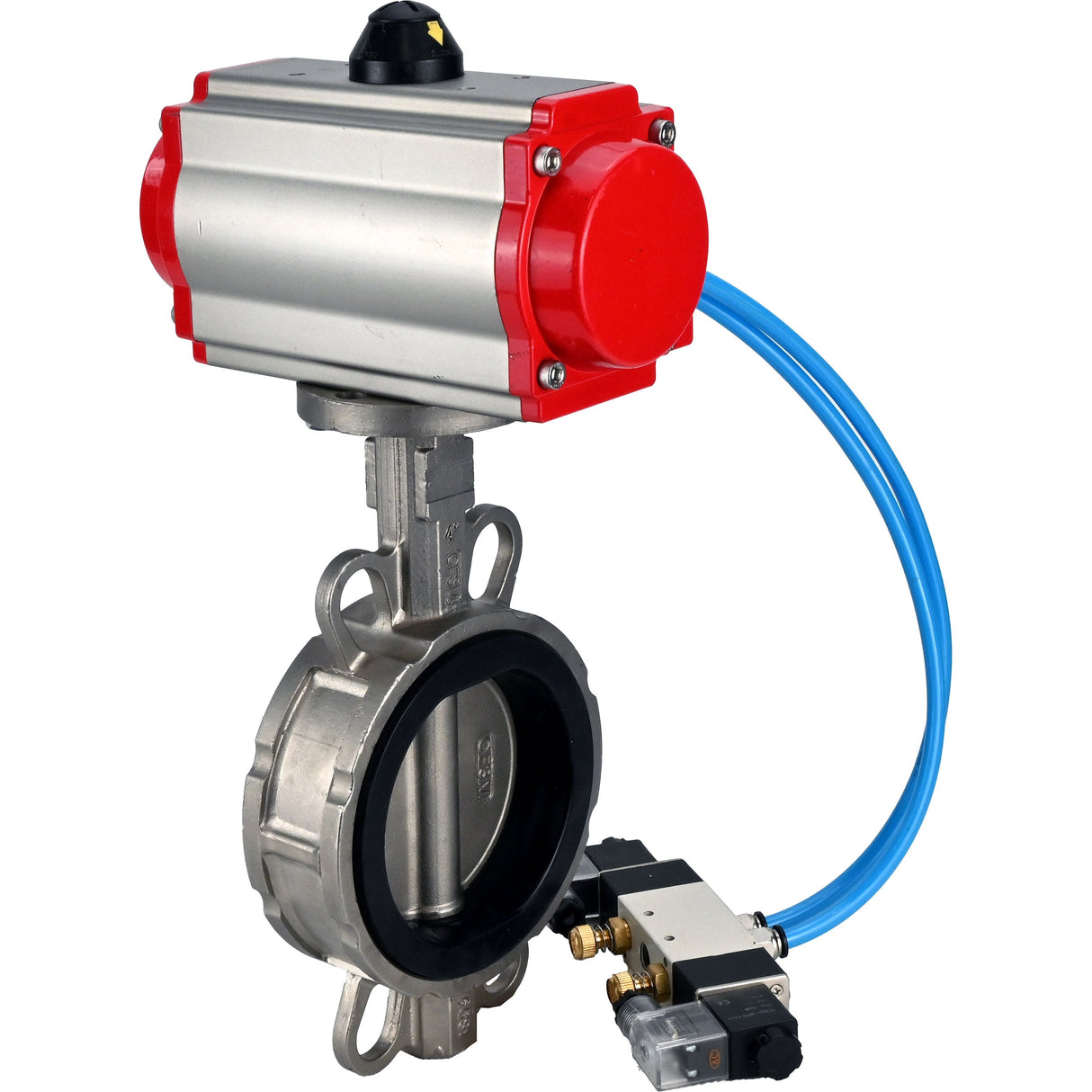 Vanne papillon d'eau Elephant WBV3232V-2W-Fb-H, matériau du corps - acier inoxydable AISI 316L, matériau du disque - acier inoxydable AISI 316L, joint - Viton, avec actionneur pneumatique avec ressorts de rappel PA-SA, 4V320-08 220V