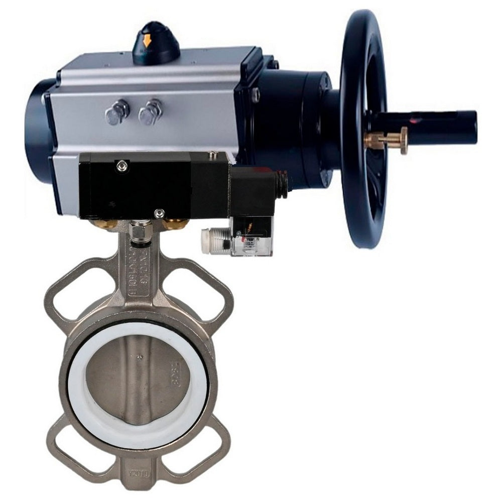 Water Butterfly Valve Elephant WBV3232N-2W-Fb body material - Stainless steel AISI 316L/1.4404, disk material - Stainless steel AISI 316L/1.4404, seal - NBR with pneumatic actuator double acting PA-DA-105-1, pneumatic distributor 4V320-08 220V