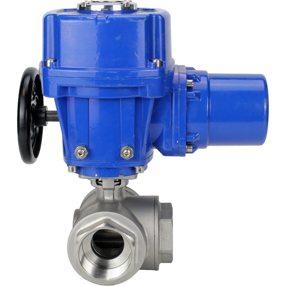 Robinet à boisseau sphérique en acier inoxydable Elephant RP.SS316.200.MM.ISO 914 PSI fileté, port standard, trois voies, type L, matériau du corps - acier inoxydable AISI 316, avec actionneur électrique quart de tour Elephant QT-W (M) 380V