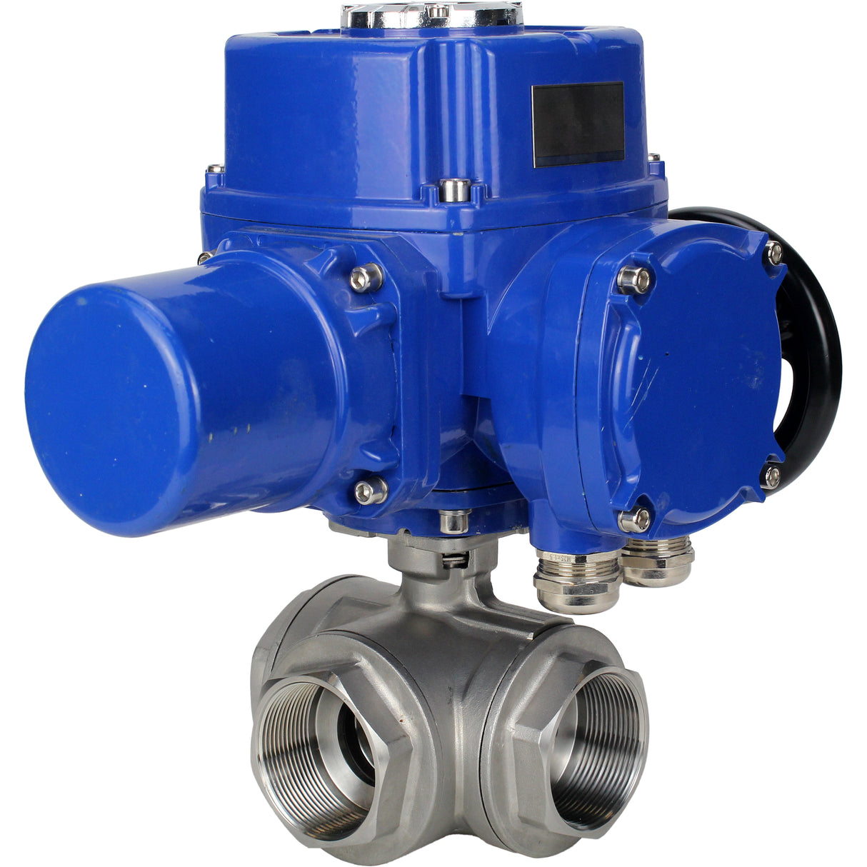 Robinet à boisseau sphérique en acier inoxydable Elephant RP.SS316.200.MM.ISO 914 PSI fileté, port standard, trois voies, type L, matériau du corps - acier inoxydable AISI 316, avec actionneur électrique quart de tour Elephant QT-W (M) 380V