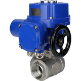 Robinet à boisseau sphérique en acier inoxydable Elephant RP.SS316.200.MM.ISO 914 PSI fileté, port standard, trois voies, type L, matériau du corps - acier inoxydable AISI 316, avec actionneur électrique quart de tour Elephant QT-W (M) 380V