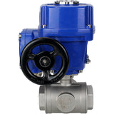 Robinet à boisseau sphérique en acier inoxydable Elephant RP.SS316.200.MM.ISO 914 PSI fileté, port standard, trois voies, type L, matériau du corps - acier inoxydable AISI 316, avec actionneur électrique quart de tour Elephant QT-W (M) 380V