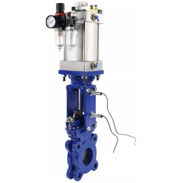 Knife gate valve Elephant GVKR1331E-1W-Fb-2P DN50-300 6/10/16 bar flanged joint, spindle - retractable, body - cast iron GGG40, seal - EPDM, with pneumatic drive, WENZ, pneumatic distributor 4V210-08 220V, induction sensors LJ12A3-4-J/EZ 220V and ATU AFC2
