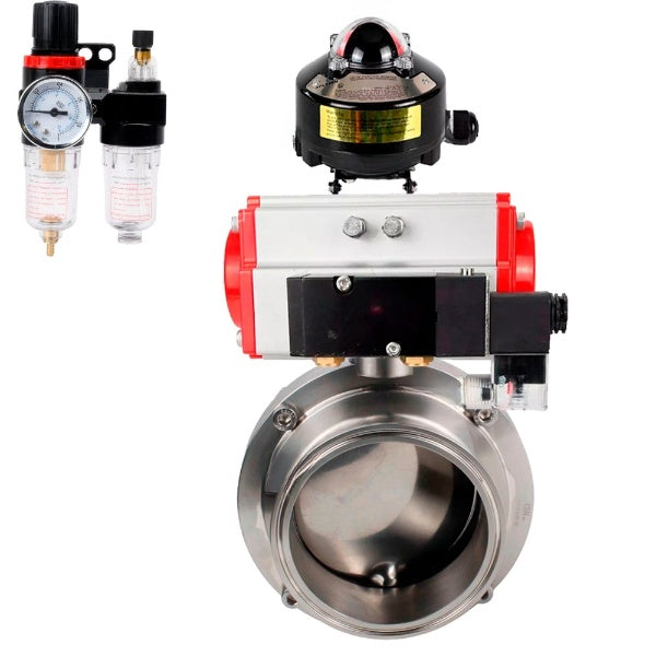 Water Butterfly valves Elephant WBV3131S-2W-W-H, body material - stainless steel AISI 304, seal - Silicon, with pneumatic actuator PA-DA, pneumatic distributor 4M310-08 24V, LSU APL-510N EX, ATU AFC2000