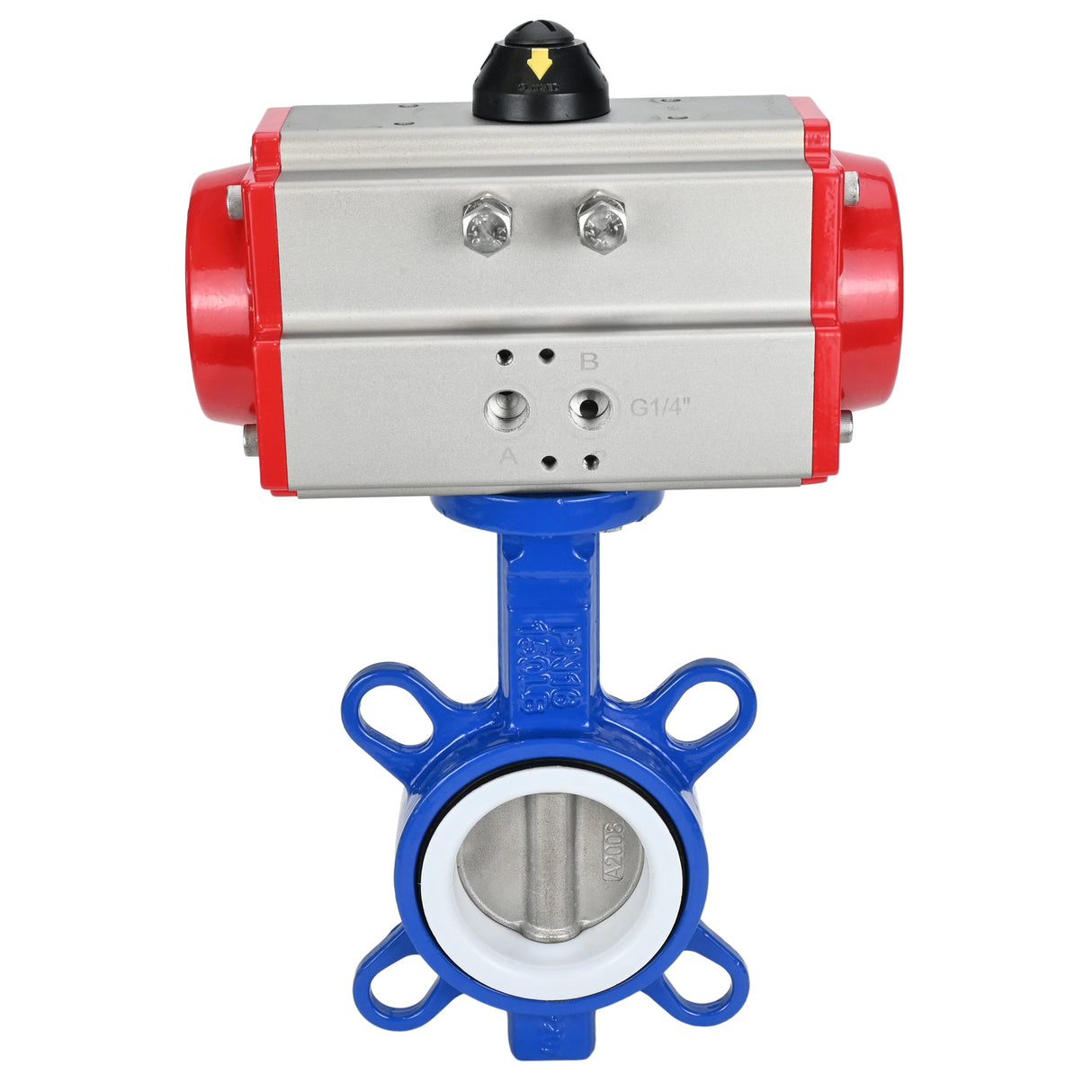 Vanne papillon d'eau Elephant st-316l-ptfe-elephant-sa, matériau du corps - acier au carbone WCB, matériau du disque - acier inoxydable AISI 316L, joint - PTFE, actionné par actionneur pneumatique