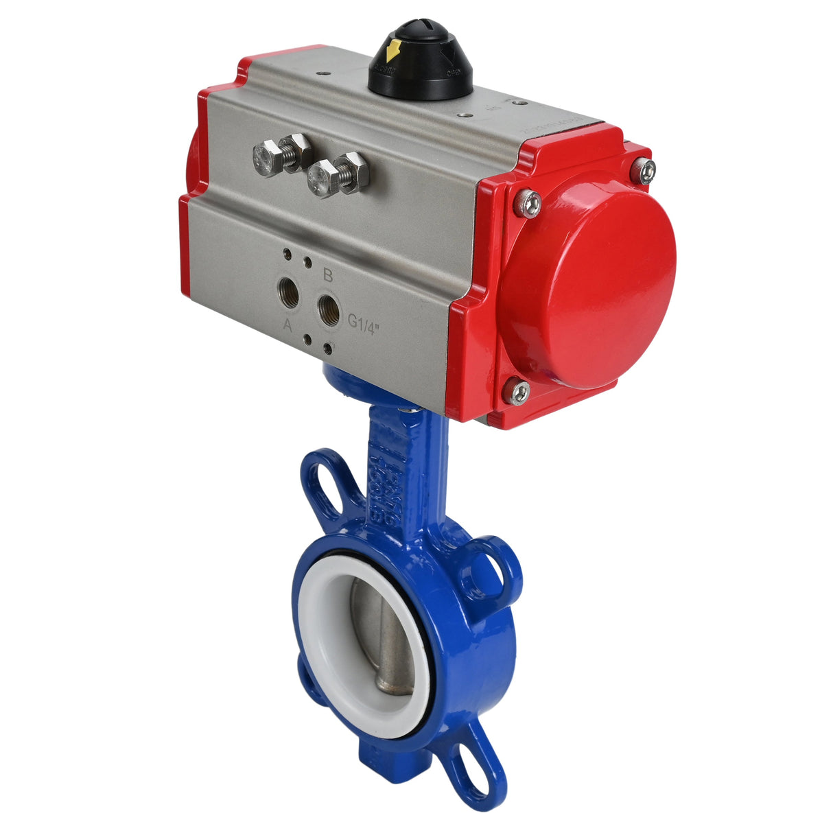 Vanne papillon d'eau Elephant st-316l-ptfe-elephant-sa, matériau du corps - acier au carbone WCB, matériau du disque - acier inoxydable AISI 316L, joint - PTFE, actionné par actionneur pneumatique