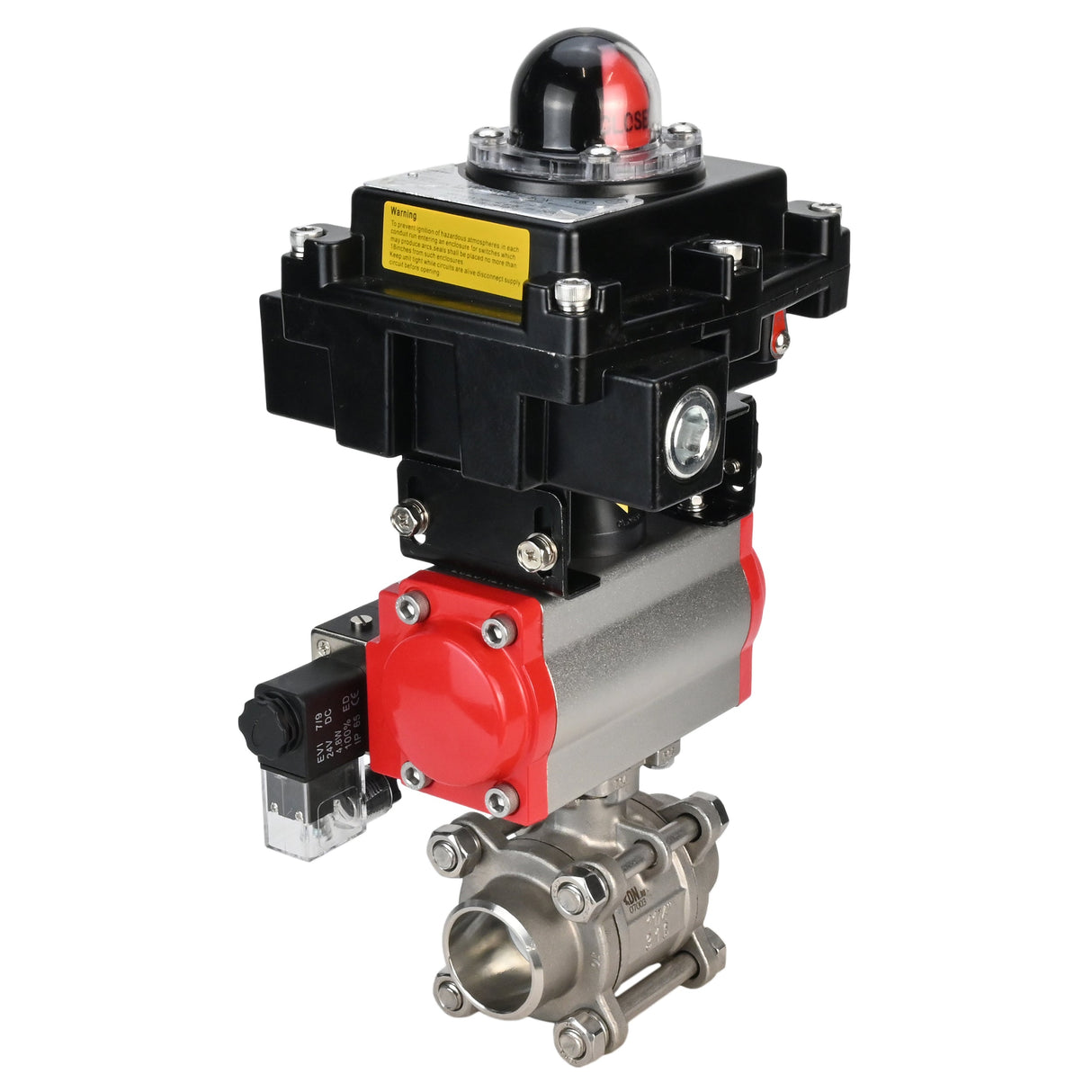 Stainless steel ball valve Elephant BVPP 316.200-ISO 63 bar SS316 full port, for welding, body material - stainless steel, pneumatic actuator Elephant DA, pneumatic distributor 4M310-08 24 V, limit switch block APL-410N EX