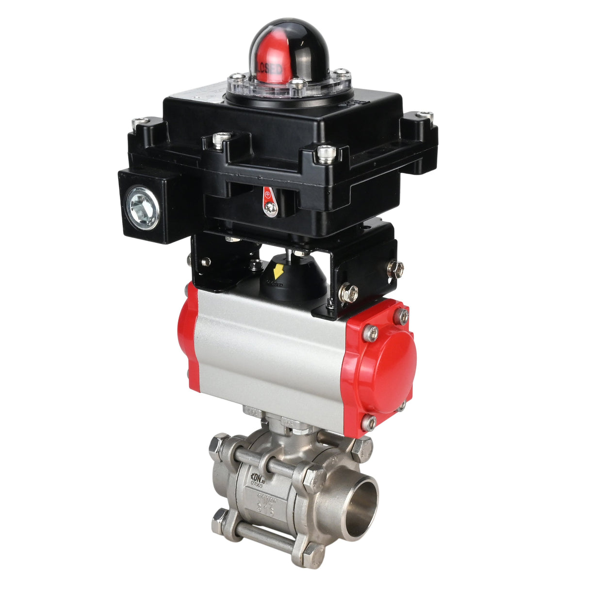 Stainless steel ball valve Elephant BVPP 316.200-ISO 63 bar SS316 full port, for welding, body material - stainless steel, pneumatic actuator Elephant DA, pneumatic distributor 4M310-08 220 V, limit switch block APL-410N EX