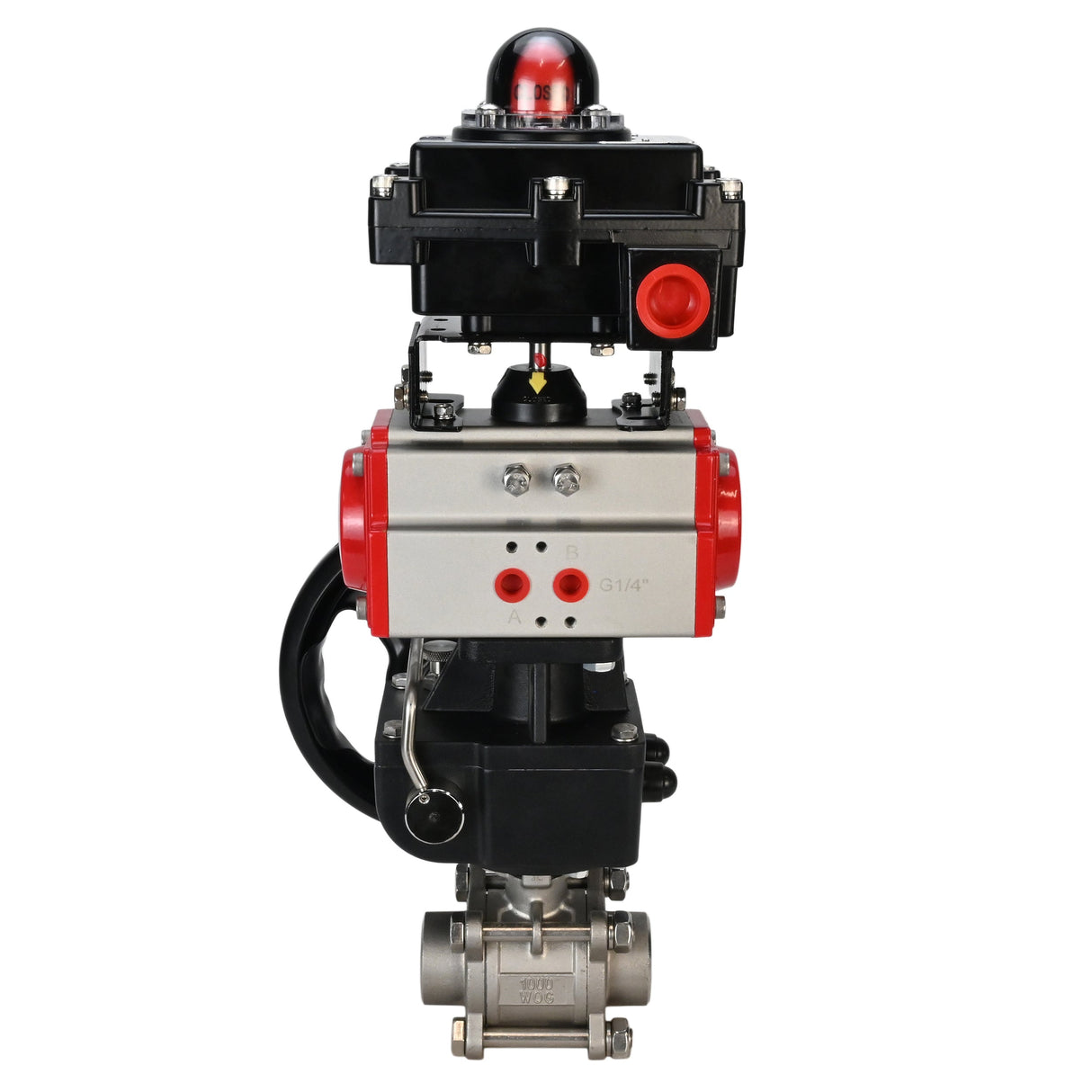 Stainless steel ball valve Elephant BVPP 316.200-ISO 63 bar SS316 full port, for welding, body material - stainless steel, pneumatic actuator Elephant DA, limit switch block APL-410N EX, manual override HDM