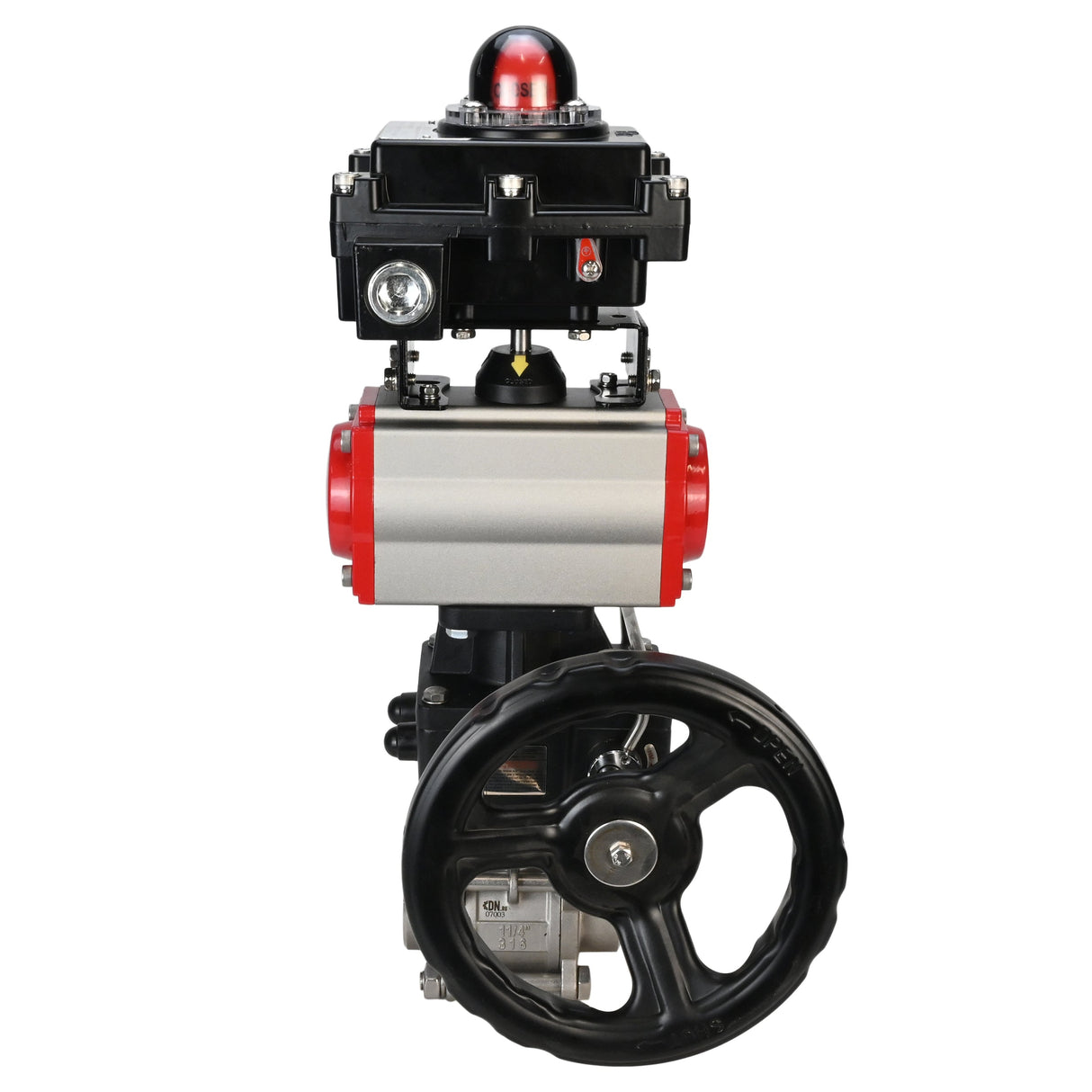 Stainless steel ball valve Elephant BVPP 316.200-ISO 63 bar SS316 full port, for welding, body material - stainless steel, pneumatic actuator Elephant DA, limit switch block APL-410N EX, manual override HDM