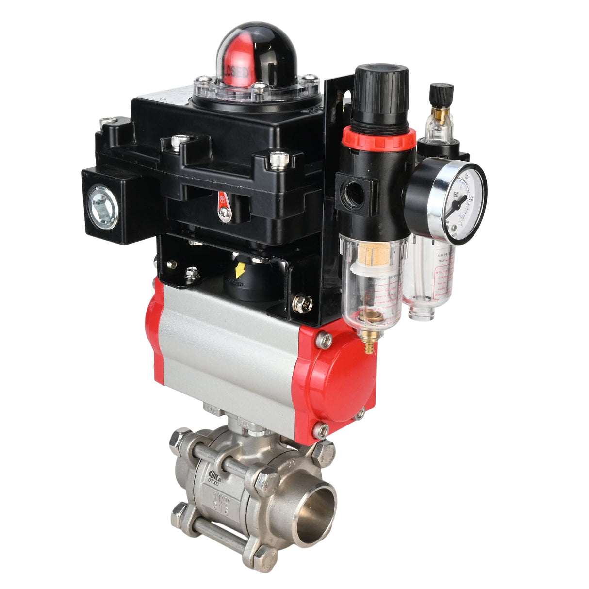 Stainless steel ball valve Elephant BVPP 316.200-ISO 63 bar SS316 full port, for welding, body material - stainless steel, pneumatic actuator Elephant DA, pneumatic distributor 4M310-08 220 V, limit switch block APL-410N EX, air preparation unit AFC2000
