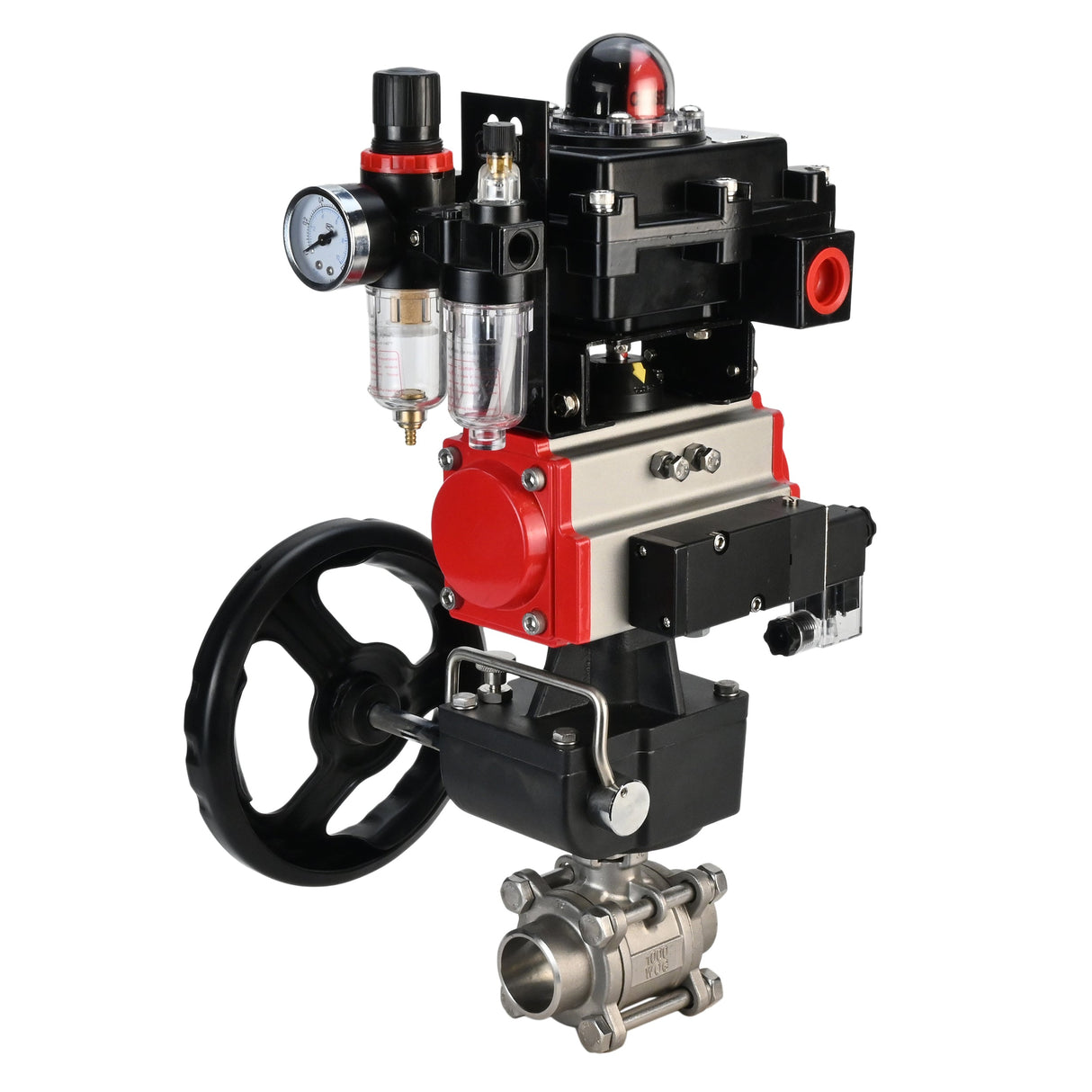 Stainless steel ball valve Elephant BVPP 316.200-ISO 63 bar SS316 full port, for welding, body material - stainless steel, pneumatic actuator Elephant DA, pneumatic distributor 4M310-08 24 V, limit switch block APL-410N EX, manual override HDM, air